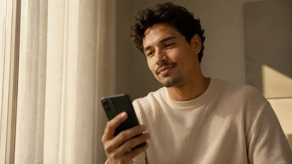 Man checking a phone by a window during ongoing medication follow-up