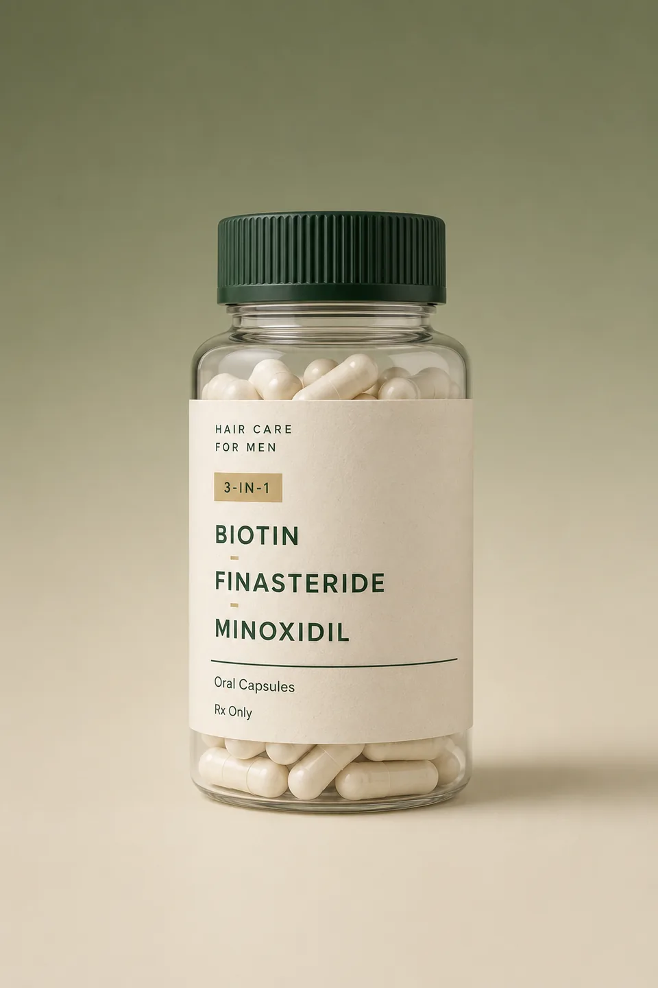 Product render of an oral hair-care capsule bottle.