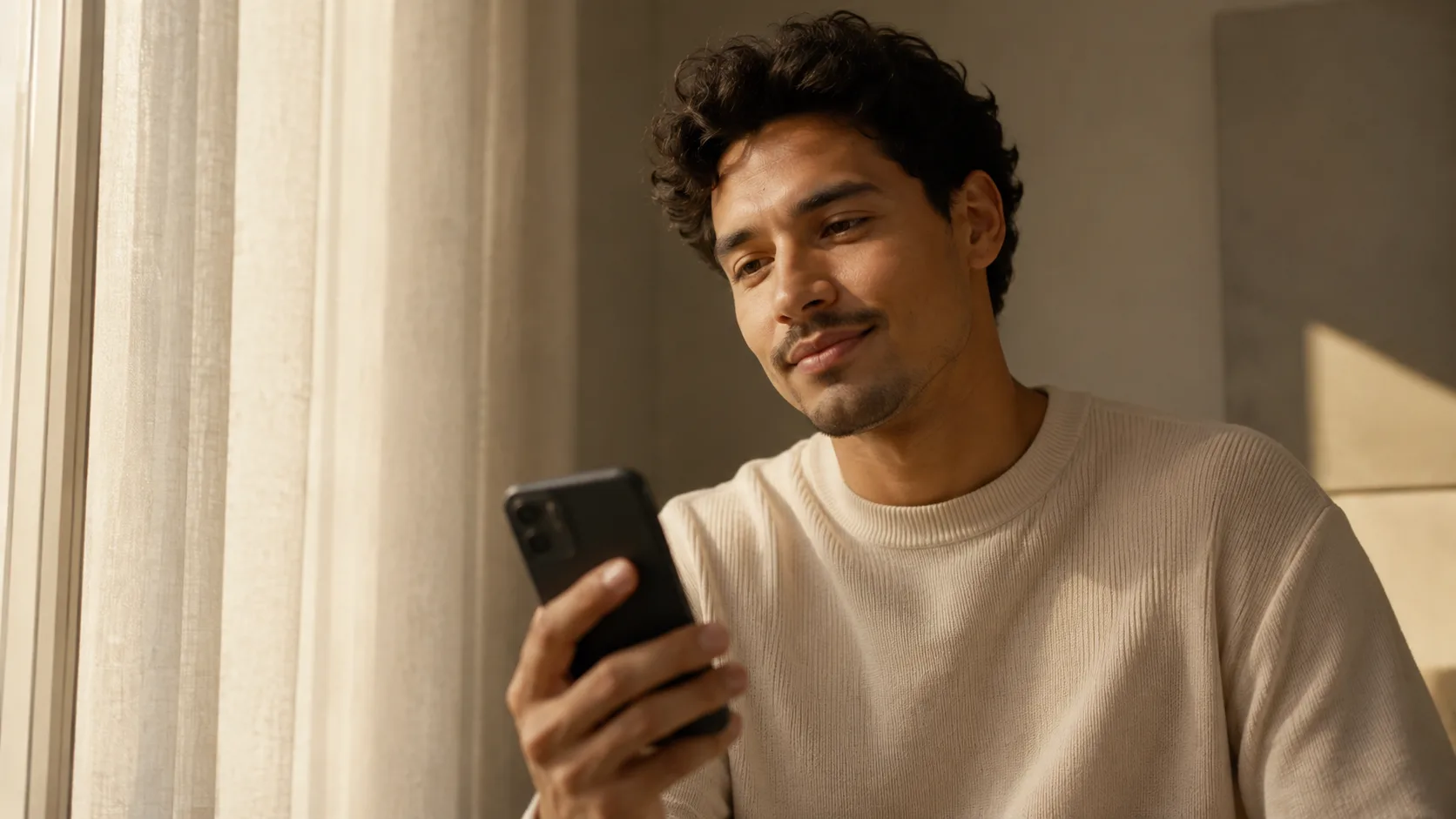 A man checking his phone in warm window light