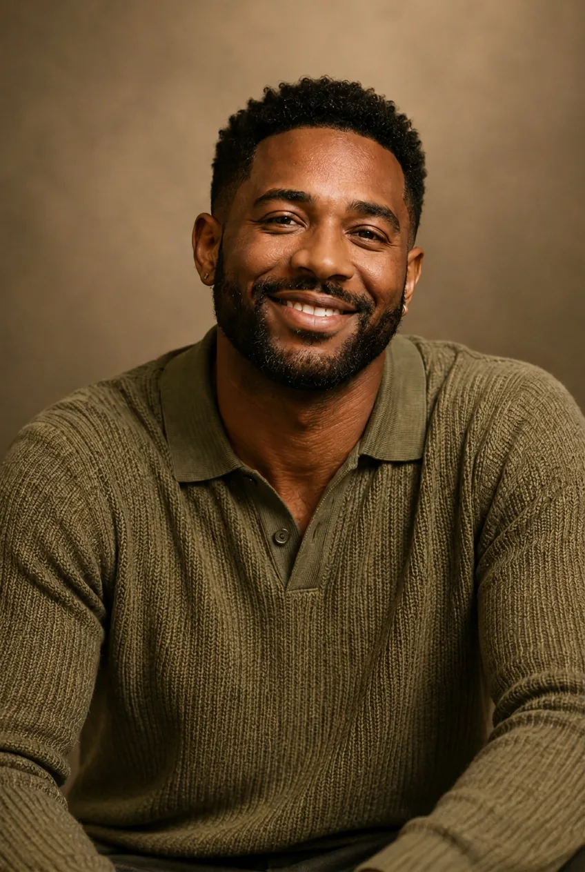 A man smiling, seated, warm light