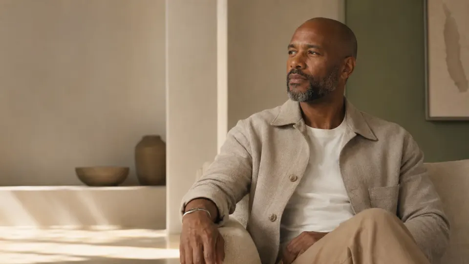 Man seated in a quiet interior before a first psychiatric evaluation