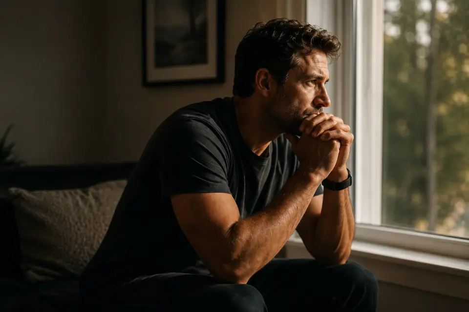 Man sitting by a window, considering a first psychiatric visit