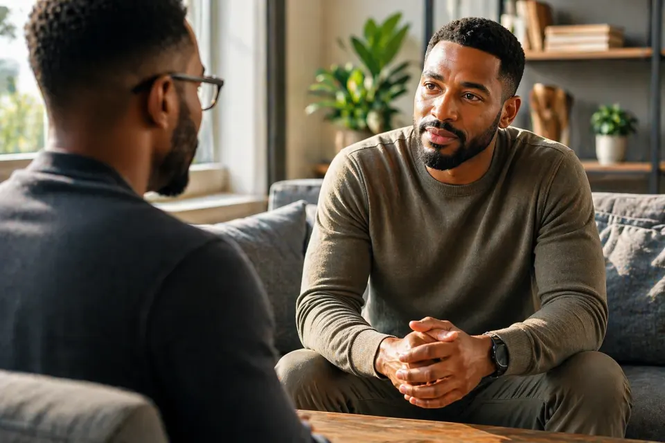 Two men in conversation during a psychiatric follow-up visit