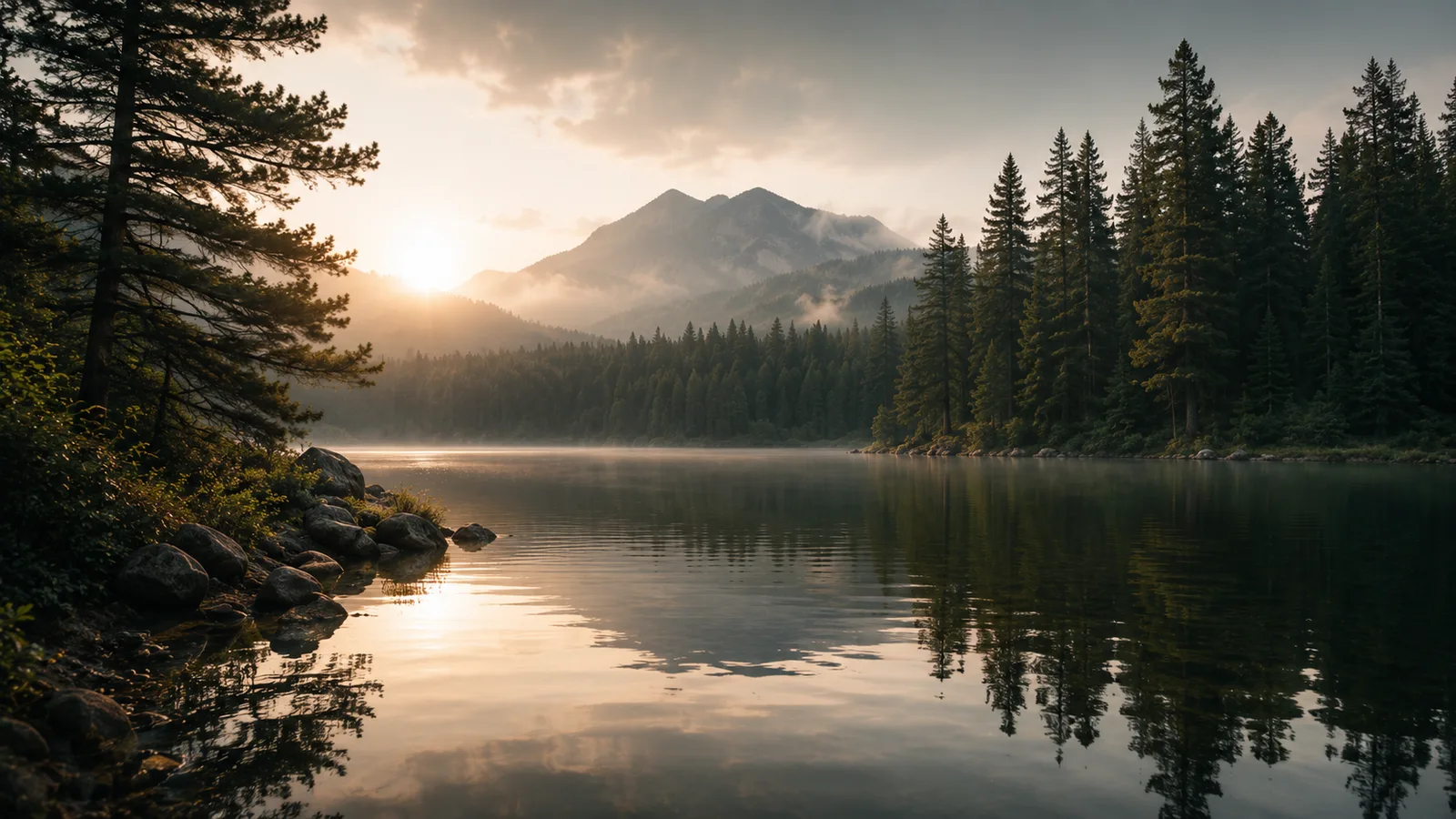 Quiet lake landscape suggesting reflection and change